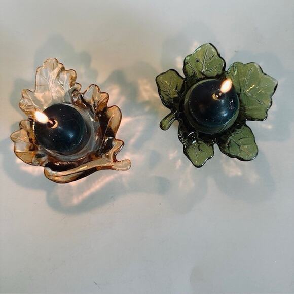 Vintage Maple Leaf Green & Orange Glass Votive Tea Light Candle Holder Set - Picture 11 of 12